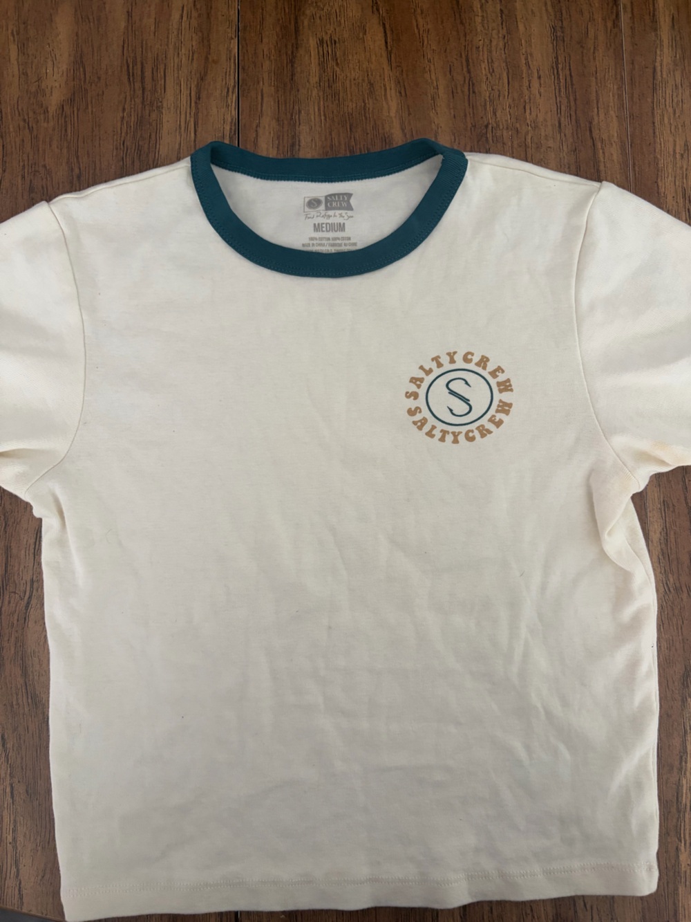Salty Crew Cream Ringer Tee with Teal Collar and Tan Chest Logo